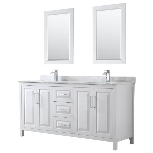 Wyndham Collection Daria 72 inch Double Bath Vanity in White, White Carrara Marble Countertop, Undermount Square Sinks, and 24 inch Mirrors - WCV252572DWHCMUNSM24