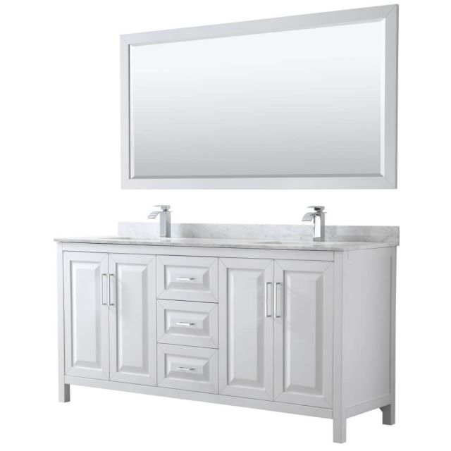 Wyndham Collection Daria 72 inch Double Bath Vanity in White, White Carrara Marble Countertop, Undermount Square Sinks, and 70 inch Mirror - WCV252572DWHCMUNSM70