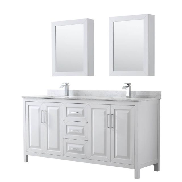 Wyndham Collection Daria 72 inch Double Bath Vanity in White, White Carrara Marble Countertop, Undermount Square Sinks, and Medicine Cabinets - WCV252572DWHCMUNSMED