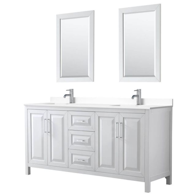 Wyndham Collection Daria 72 inch Double Bathroom Vanity in White with White Cultured Marble Countertop, Undermount Square Sinks and 24 inch Mirrors - WCV252572DWHWCUNSM24