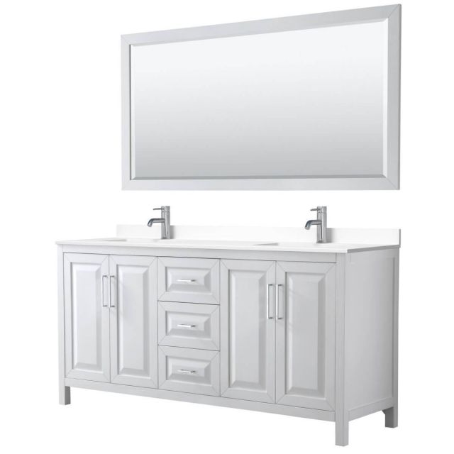 Wyndham Collection Daria 72 inch Double Bathroom Vanity in White with White Cultured Marble Countertop, Undermount Square Sinks and 70 inch Mirror - WCV252572DWHWCUNSM70