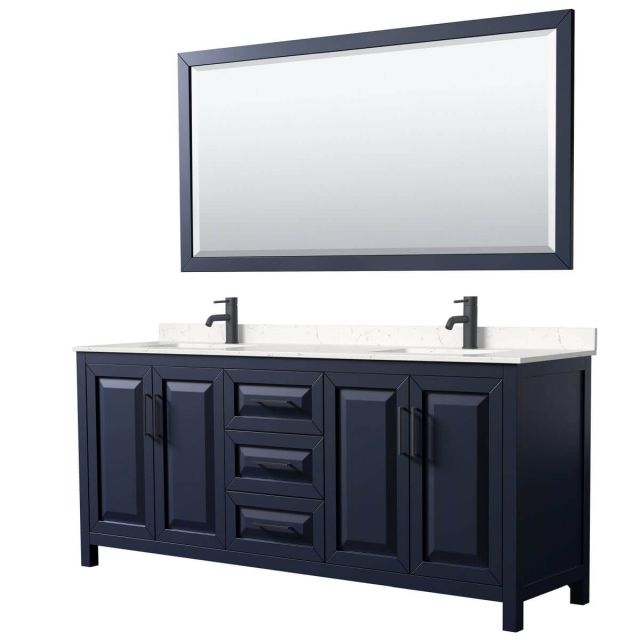 Wyndham Collection Daria 80 inch Double Bathroom Vanity in Dark Blue with Light-Vein Carrara Cultured Marble Countertop, Undermount Square Sinks, Matte Black Trim and 70 Inch Mirror WCV252580DBBC2UNSM70
