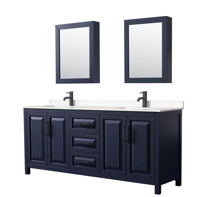 Wyndham Collection Daria 80 inch Double Bathroom Vanity in Dark Blue with Light-Vein Carrara Cultured Marble Countertop, Undermount Square Sinks, Matte Black Trim and Medicine Cabinets WCV252580DBBC2UNSMED