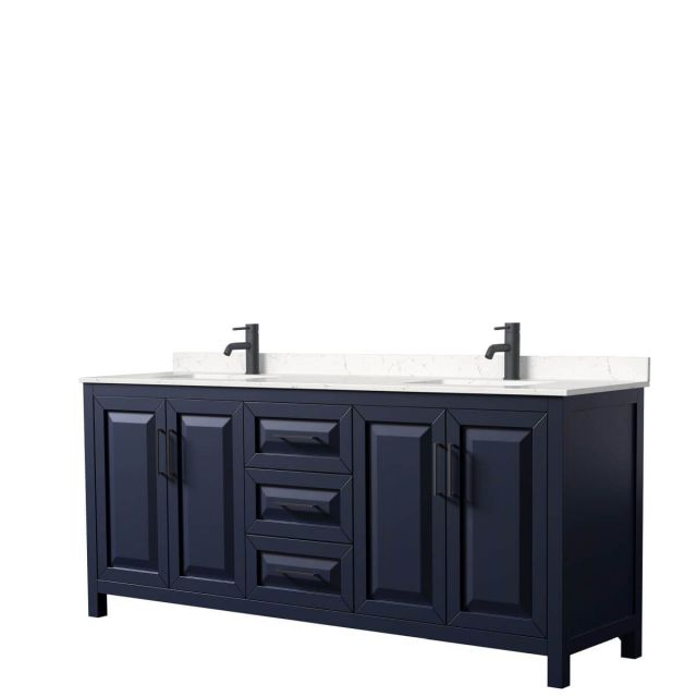 Wyndham Collection Daria 80 inch Double Bathroom Vanity in Dark Blue with Light-Vein Carrara Cultured Marble Countertop, Undermount Square Sinks and Matte Black Trim WCV252580DBBC2UNSMXX