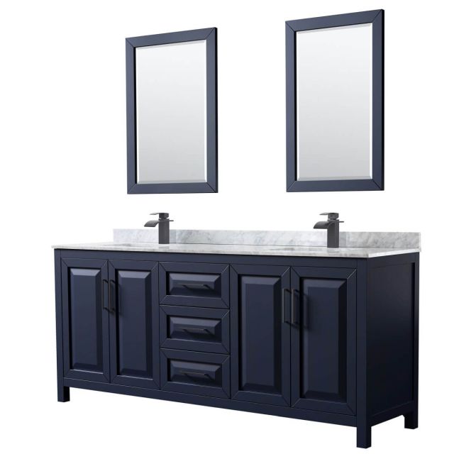 Wyndham Collection Daria 80 inch Double Bathroom Vanity in Dark Blue with White Carrara Marble Countertop, Undermount Square Sinks, Matte Black Trim and 24 Inch Mirrors WCV252580DBBCMUNSM24