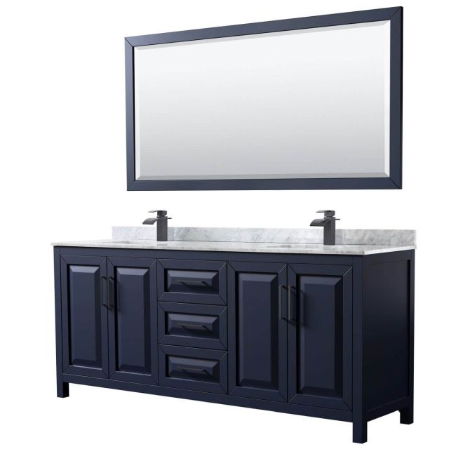 Wyndham Collection Daria 80 inch Double Bathroom Vanity in Dark Blue with White Carrara Marble Countertop, Undermount Square Sinks, Matte Black Trim and 70 Inch Mirror WCV252580DBBCMUNSM70