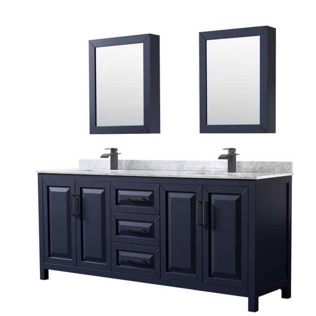 Wyndham Collection Daria 80 inch Double Bathroom Vanity in Dark Blue with White Carrara Marble Countertop, Undermount Square Sinks, Matte Black Trim and Medicine Cabinets WCV252580DBBCMUNSMED