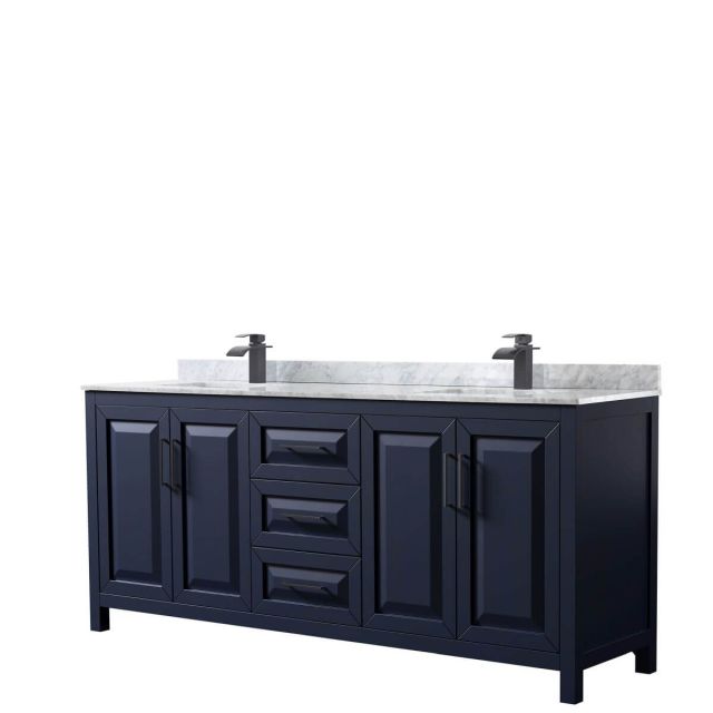 Wyndham Collection Daria 80 inch Double Bathroom Vanity in Dark Blue with White Carrara Marble Countertop, Undermount Square Sinks and Matte Black Trim WCV252580DBBCMUNSMXX