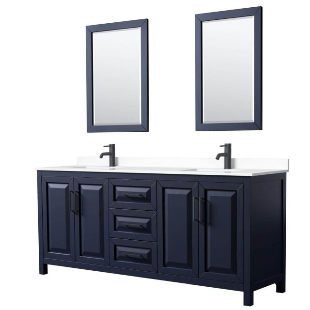 Wyndham Collection Daria 80 inch Double Bathroom Vanity in Dark Blue with White Cultured Marble Countertop, Undermount Square Sinks, Matte Black Trim and 24 Inch Mirrors WCV252580DBBWCUNSM24