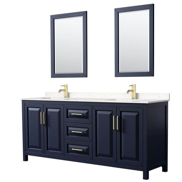 Wyndham Collection Daria 80 inch Double Bathroom Vanity in Dark Blue with Light-Vein Carrara Cultured Marble Countertop, Undermount Square Sinks and 24 inch Mirrors - WCV252580DBLC2UNSM24