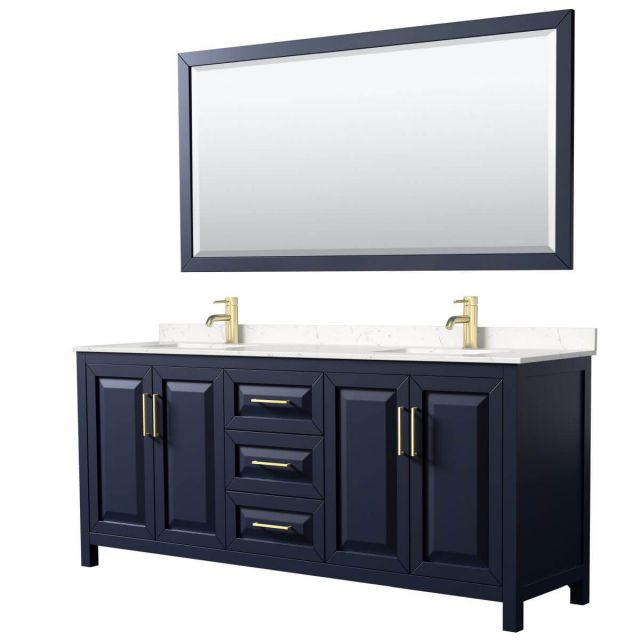 Wyndham Collection Daria 80 inch Double Bathroom Vanity in Dark Blue with Light-Vein Carrara Cultured Marble Countertop, Undermount Square Sinks and 70 inch Mirror - WCV252580DBLC2UNSM70