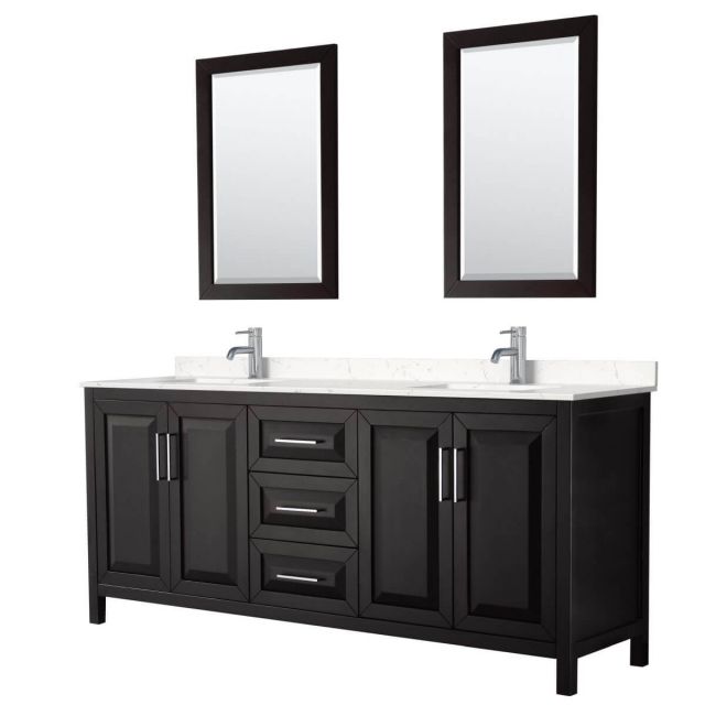 Wyndham Collection Daria 80 inch Double Bathroom Vanity in Dark Espresso with Light-Vein Carrara Cultured Marble Countertop, Undermount Square Sinks and 24 inch Mirrors - WCV252580DDEC2UNSM24