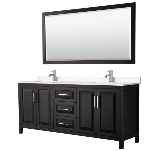 Wyndham Collection Daria 80 inch Double Bathroom Vanity in Dark Espresso with Light-Vein Carrara Cultured Marble Countertop, Undermount Square Sinks and 70 inch Mirror - WCV252580DDEC2UNSM70