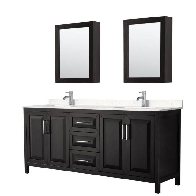 Wyndham Collection Daria 80 inch Double Bathroom Vanity in Dark Espresso with Light-Vein Carrara Cultured Marble Countertop, Undermount Square Sinks and Medicine Cabinets - WCV252580DDEC2UNSMED