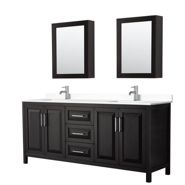 Wyndham Collection Daria 80 inch Double Bathroom Vanity in Dark Espresso with White Cultured Marble Countertop, Undermount Square Sinks and Medicine Cabinets - WCV252580DDEWCUNSMED