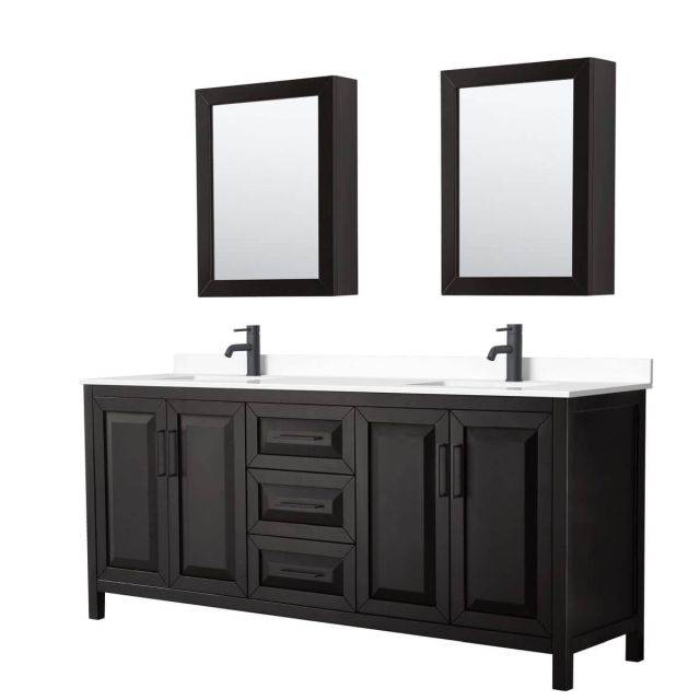 Wyndham Collection Daria 80 inch Double Bathroom Vanity in Dark Espresso with White Cultured Marble Countertop, Undermount Square Sinks, Matte Black Trim and Medicine Cabinets WCV252580DEBWCUNSMED