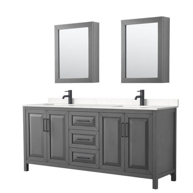 Wyndham Collection Daria 80 inch Double Bathroom Vanity in Dark Gray with Light-Vein Carrara Cultured Marble Countertop, Undermount Square Sinks, Matte Black Trim and Medicine Cabinets WCV252580DGBC2UNSMED
