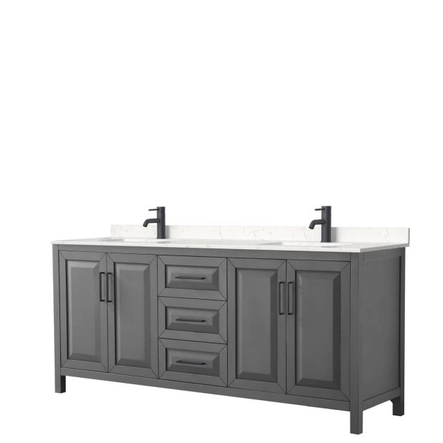 Wyndham Collection Daria 80 inch Double Bathroom Vanity in Dark Gray with Light-Vein Carrara Cultured Marble Countertop, Undermount Square Sinks and Matte Black Trim WCV252580DGBC2UNSMXX