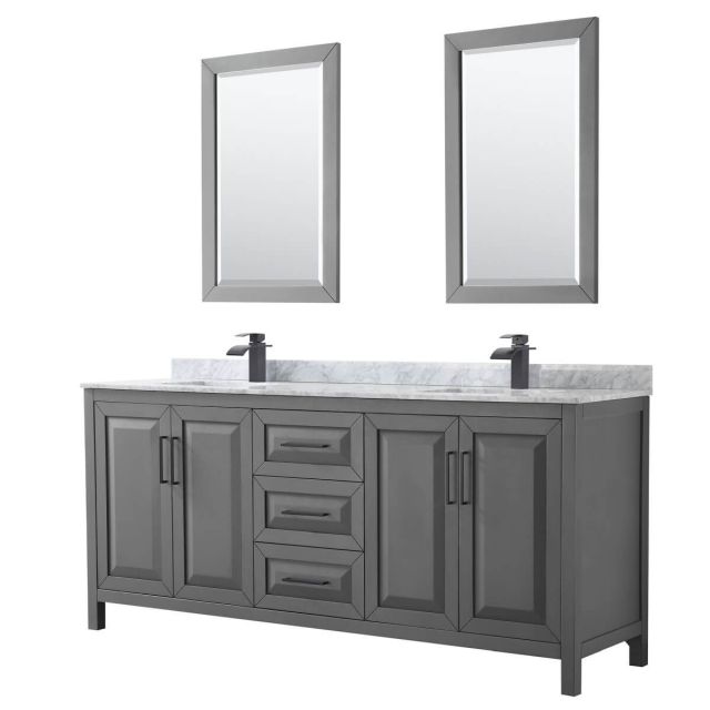 Wyndham Collection Daria 80 inch Double Bathroom Vanity in Dark Gray with White Carrara Marble Countertop, Undermount Square Sinks, Matte Black Trim and 24 Inch Mirrors WCV252580DGBCMUNSM24