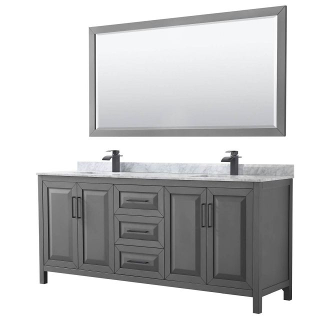 Wyndham Collection Daria 80 inch Double Bathroom Vanity in Dark Gray with White Carrara Marble Countertop, Undermount Square Sinks, Matte Black Trim and 70 Inch Mirror WCV252580DGBCMUNSM70
