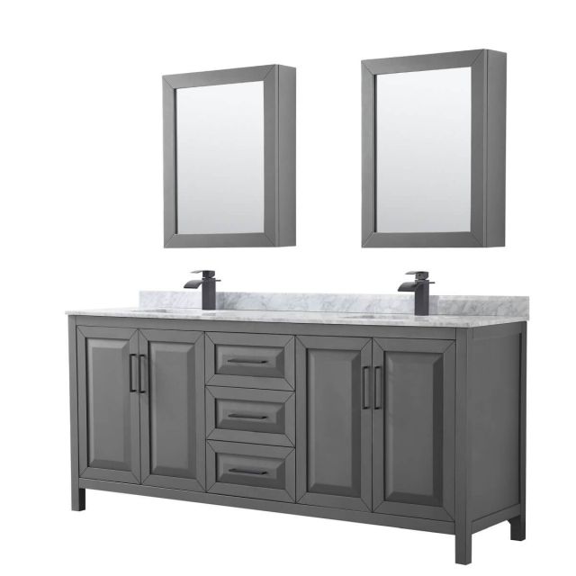 Wyndham Collection Daria 80 inch Double Bathroom Vanity in Dark Gray with White Carrara Marble Countertop, Undermount Square Sinks, Matte Black Trim and Medicine Cabinets WCV252580DGBCMUNSMED