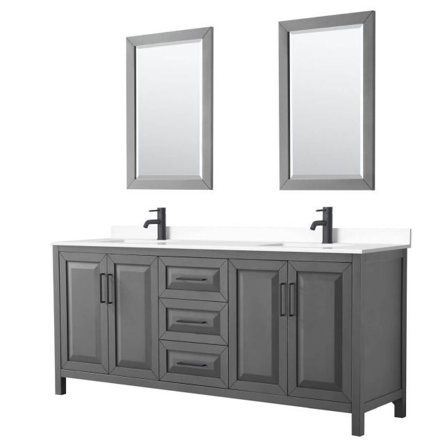 Wyndham Collection Daria 80 inch Double Bathroom Vanity in Dark Gray with White Cultured Marble Countertop, Undermount Square Sinks, Matte Black Trim and 24 Inch Mirrors WCV252580DGBWCUNSM24