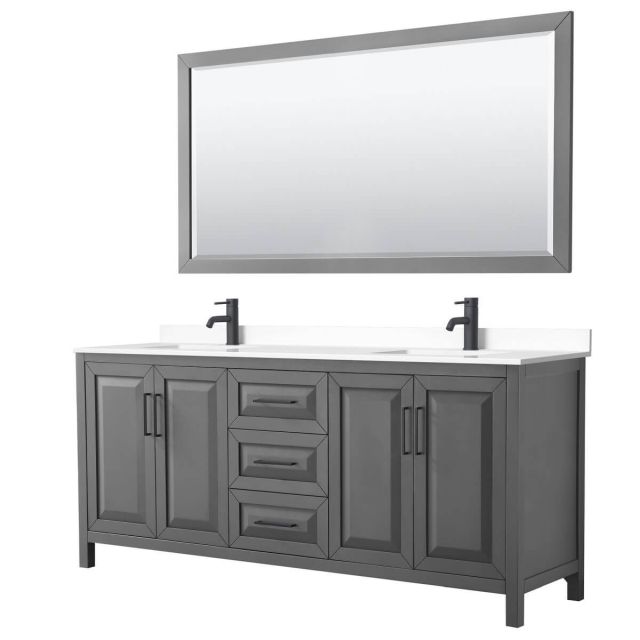 Wyndham Collection Daria 80 inch Double Bathroom Vanity in Dark Gray with White Cultured Marble Countertop, Undermount Square Sinks, Matte Black Trim and 70 Inch Mirror WCV252580DGBWCUNSM70