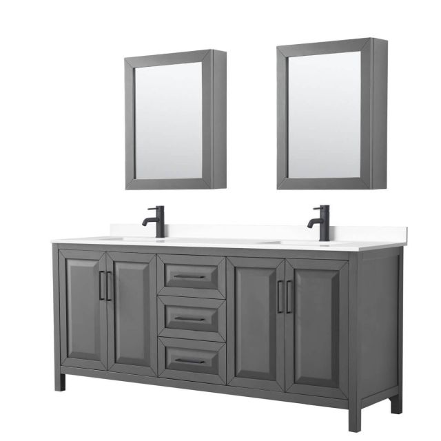 Wyndham Collection Daria 80 inch Double Bathroom Vanity in Dark Gray with White Cultured Marble Countertop, Undermount Square Sinks, Matte Black Trim and Medicine Cabinets WCV252580DGBWCUNSMED