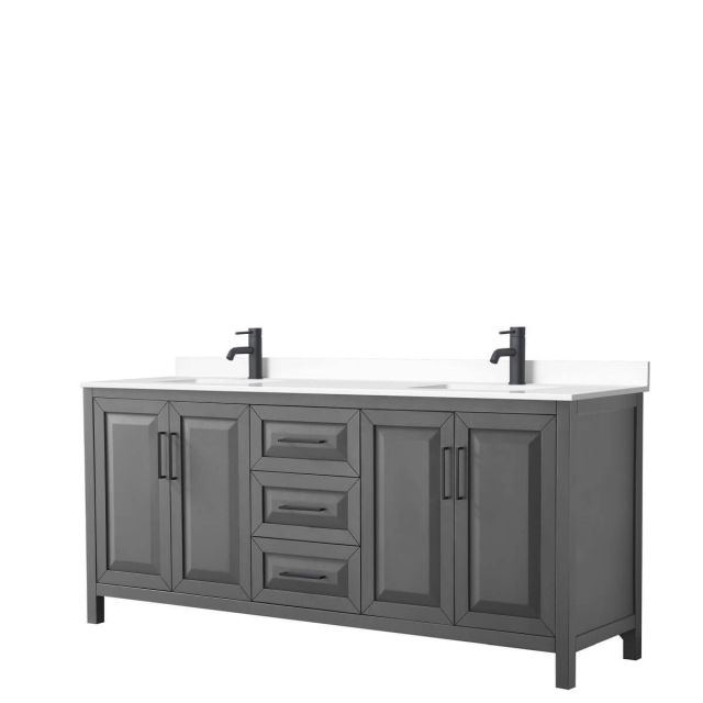 Wyndham Collection Daria 80 inch Double Bathroom Vanity in Dark Gray with White Cultured Marble Countertop, Undermount Square Sinks and Matte Black Trim WCV252580DGBWCUNSMXX