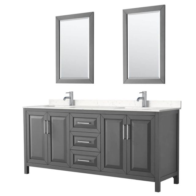 Wyndham Collection Daria 80 inch Double Bathroom Vanity in Dark Gray with Light-Vein Carrara Cultured Marble Countertop, Undermount Square Sinks and 24 inch Mirrors - WCV252580DKGC2UNSM24