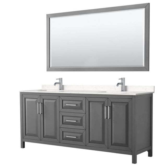 Wyndham Collection Daria 80 inch Double Bathroom Vanity in Dark Gray with Light-Vein Carrara Cultured Marble Countertop, Undermount Square Sinks and 70 inch Mirror - WCV252580DKGC2UNSM70
