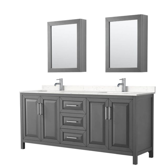 Wyndham Collection Daria 80 inch Double Bathroom Vanity in Dark Gray with Light-Vein Carrara Cultured Marble Countertop, Undermount Square Sinks and Medicine Cabinets - WCV252580DKGC2UNSMED
