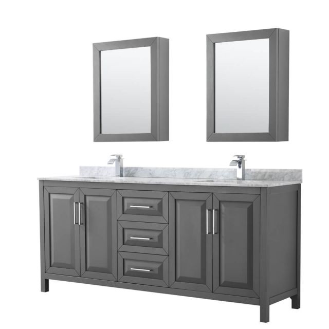 Wyndham Collection Daria 80 inch Double Bath Vanity in Dark Gray, White Carrara Marble Countertop, Undermount Square Sinks, and Medicine Cabinets - WCV252580DKGCMUNSMED