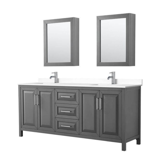 Wyndham Collection Daria 80 inch Double Bathroom Vanity in Dark Gray with White Cultured Marble Countertop, Undermount Square Sinks and Medicine Cabinets - WCV252580DKGWCUNSMED