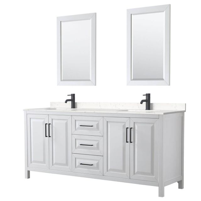 Wyndham Collection Daria 80 inch Double Bathroom Vanity in White with Light-Vein Carrara Cultured Marble Countertop, Undermount Square Sinks, Matte Black Trim and 24 Inch Mirrors WCV252580DWBC2UNSM24