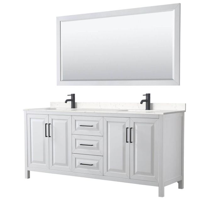 Wyndham Collection Daria 80 inch Double Bathroom Vanity in White with Light-Vein Carrara Cultured Marble Countertop, Undermount Square Sinks, Matte Black Trim and 70 Inch Mirror WCV252580DWBC2UNSM70