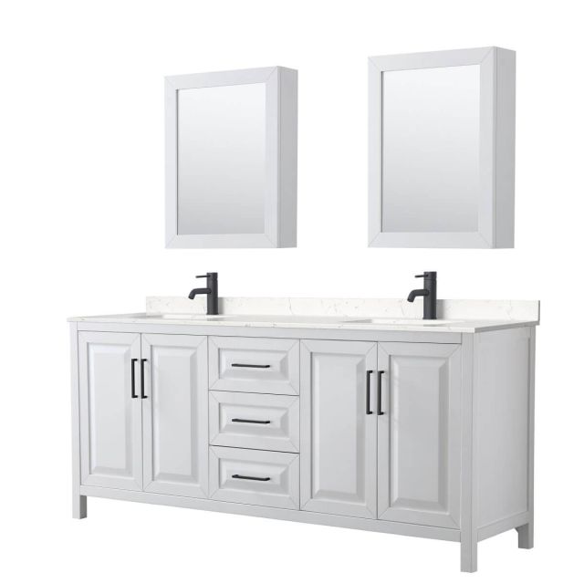 Wyndham Collection Daria 80 inch Double Bathroom Vanity in White with Light-Vein Carrara Cultured Marble Countertop, Undermount Square Sinks, Matte Black Trim and Medicine Cabinets WCV252580DWBC2UNSMED