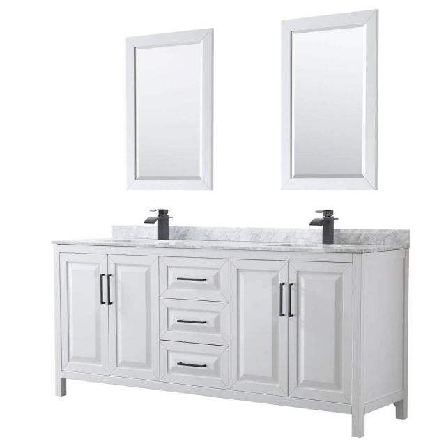 Wyndham Collection Daria 80 inch Double Bathroom Vanity in White with White Carrara Marble Countertop, Undermount Square Sinks, Matte Black Trim and 24 Inch Mirrors WCV252580DWBCMUNSM24