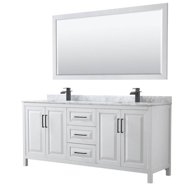 Wyndham Collection Daria 80 inch Double Bathroom Vanity in White with White Carrara Marble Countertop, Undermount Square Sinks, Matte Black Trim and 70 Inch Mirror WCV252580DWBCMUNSM70