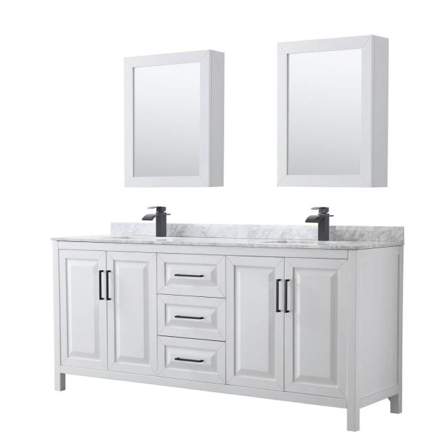 Wyndham Collection Daria 80 inch Double Bathroom Vanity in White with White Carrara Marble Countertop, Undermount Square Sinks, Matte Black Trim and Medicine Cabinets WCV252580DWBCMUNSMED