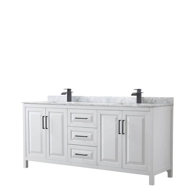 Wyndham Collection Daria 80 inch Double Bathroom Vanity in White with White Carrara Marble Countertop, Undermount Square Sinks and Matte Black Trim WCV252580DWBCMUNSMXX