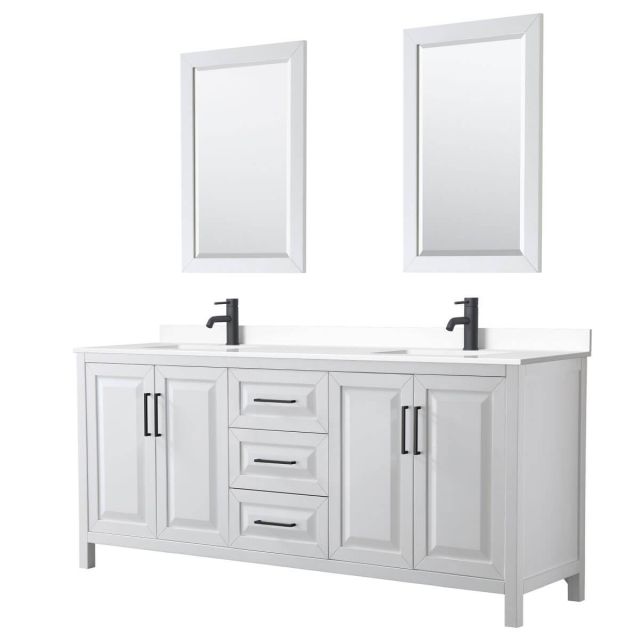 Wyndham Collection Daria 80 inch Double Bathroom Vanity in White with White Cultured Marble Countertop, Undermount Square Sinks, Matte Black Trim and 24 Inch Mirrors WCV252580DWBWCUNSM24