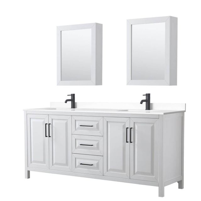 Wyndham Collection Daria 80 inch Double Bathroom Vanity in White with White Cultured Marble Countertop, Undermount Square Sinks, Matte Black Trim and Medicine Cabinets WCV252580DWBWCUNSMED