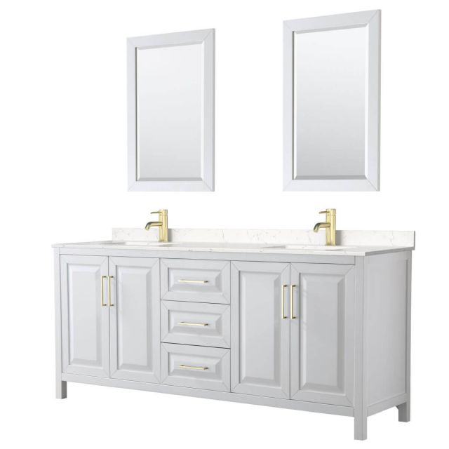 Wyndham Collection Daria 80 inch Double Bathroom Vanity in White with Light-Vein Carrara Cultured Marble Countertop, Undermount Square Sinks, 24 inch Mirrors and Brushed Gold Trim - WCV252580DWGC2UNSM24
