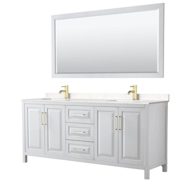 Wyndham Collection Daria 80 inch Double Bathroom Vanity in White with Light-Vein Carrara Cultured Marble Countertop, Undermount Square Sinks, 70 inch Mirror and Brushed Gold Trim - WCV252580DWGC2UNSM70