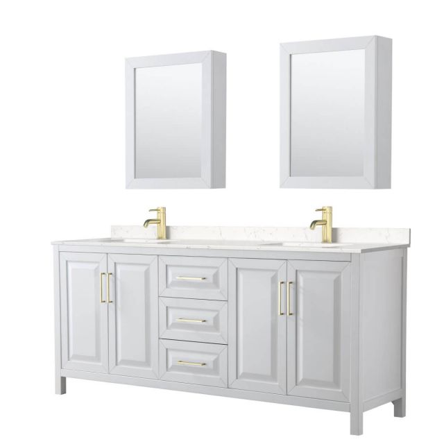 Wyndham Collection Daria 80 inch Double Bathroom Vanity in White with Light-Vein Carrara Cultured Marble Countertop, Undermount Square Sinks, Medicine Cabinets and Brushed Gold Trim - WCV252580DWGC2UNSMED