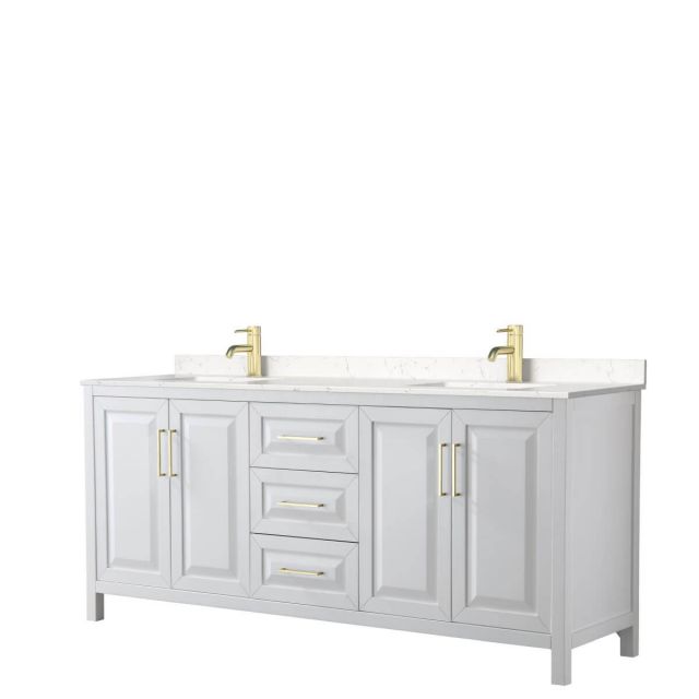 Wyndham Collection Daria 80 inch Double Bathroom Vanity in White with Light-Vein Carrara Cultured Marble Countertop, Undermount Square Sinks and Brushed Gold Trim - WCV252580DWGC2UNSMXX