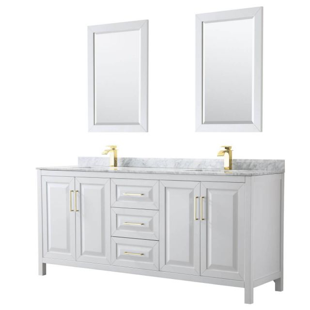 Wyndham Collection Daria 80 inch Double Bathroom Vanity in White with White Carrara Marble Countertop, Undermount Square Sinks, 24 inch Mirrors and Brushed Gold Trim - WCV252580DWGCMUNSM24