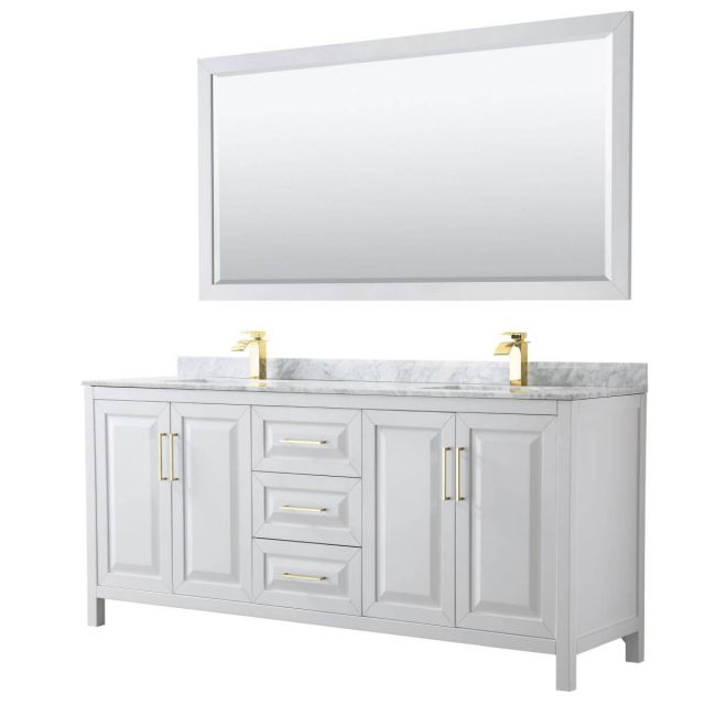 Wyndham Collection Daria 80 inch Double Bathroom Vanity in White with White Carrara Marble Countertop, Undermount Square Sinks, 70 inch Mirror and Brushed Gold Trim - WCV252580DWGCMUNSM70