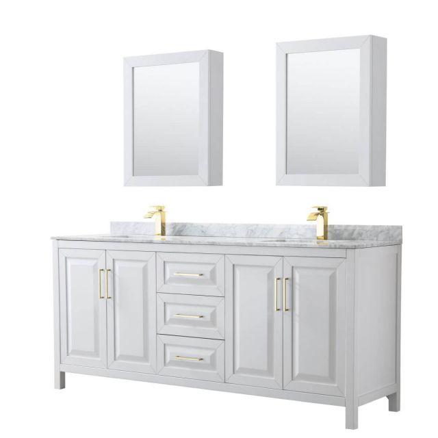 Wyndham Collection Daria 80 inch Double Bathroom Vanity in White with White Carrara Marble Countertop, Undermount Square Sinks, Medicine Cabinets and Brushed Gold Trim - WCV252580DWGCMUNSMED